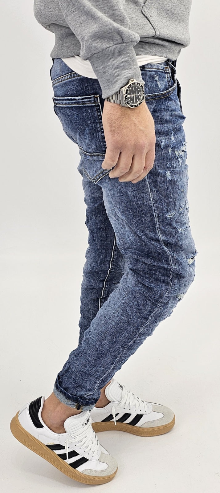 Jeans denim uomo Slim fit elasticizzati strech con strappi toppe blu sfumato 156