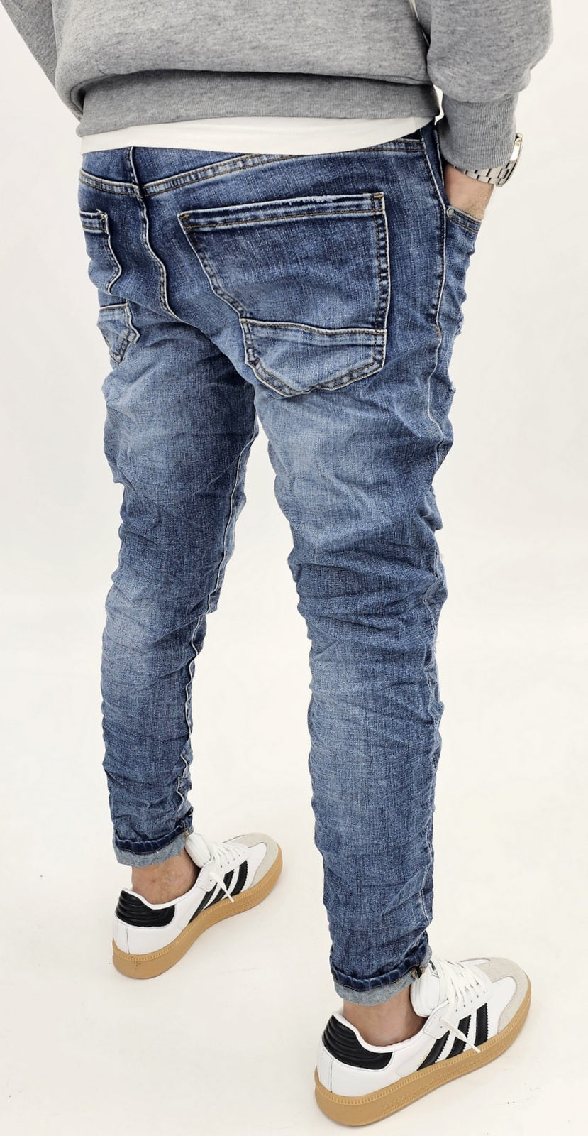 Jeans denim uomo Slim fit elasticizzati strech con strappi toppe blu sfumato 156