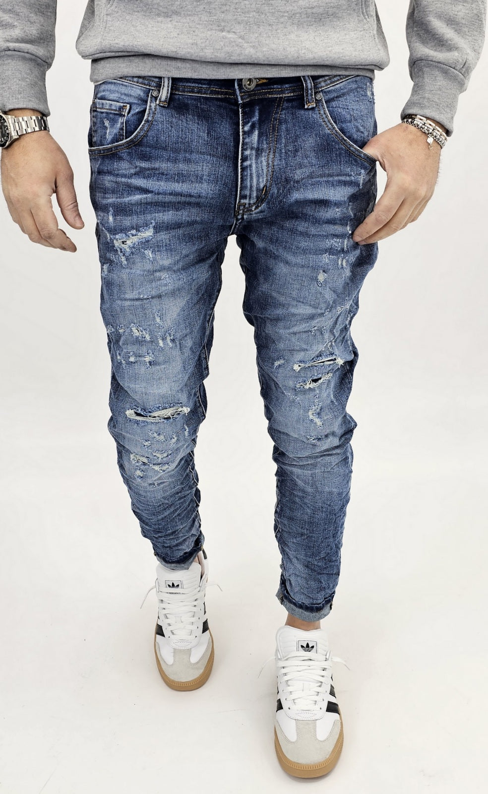 Jeans denim uomo Slim fit elasticizzati strech con strappi toppe blu sfumato 156