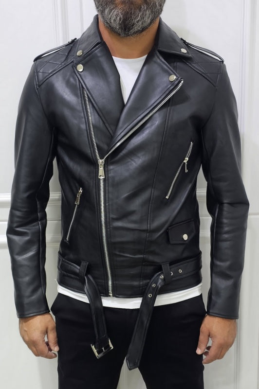 Giubbino Uomo Foderato Eco pelle Chiodo nero cintura s,m,l,xl,xxl