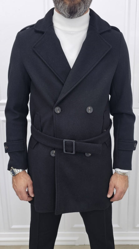 Trench uomo nero cintura invernale made in italy s,m,l,xl,xxl