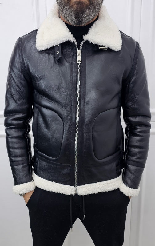 Montone Uomo Invernale ecopelle corto aviatore eco pelliccia Nero s,m,l,xl,xxl