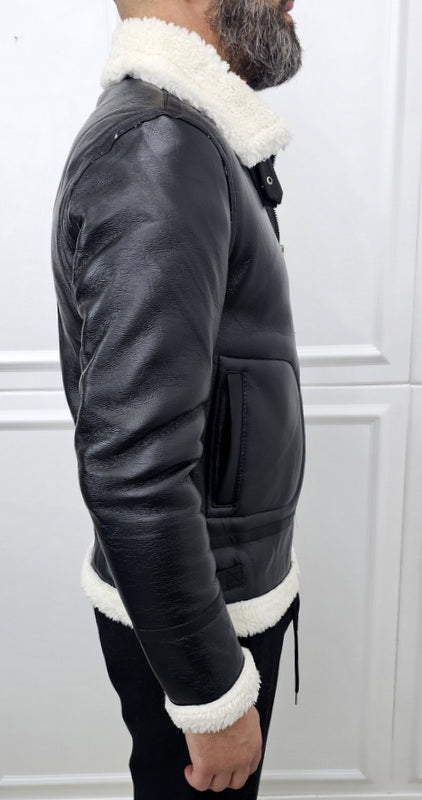 Montone Uomo Invernale ecopelle corto aviatore eco pelliccia Nero s,m,l,xl,xxl