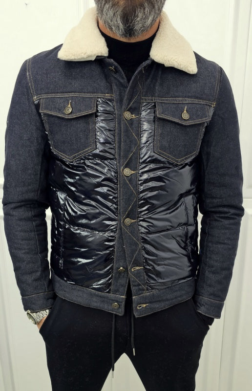 Giubbino Jeans uomo denim nero invernale impermeabile collo ecopelliccia