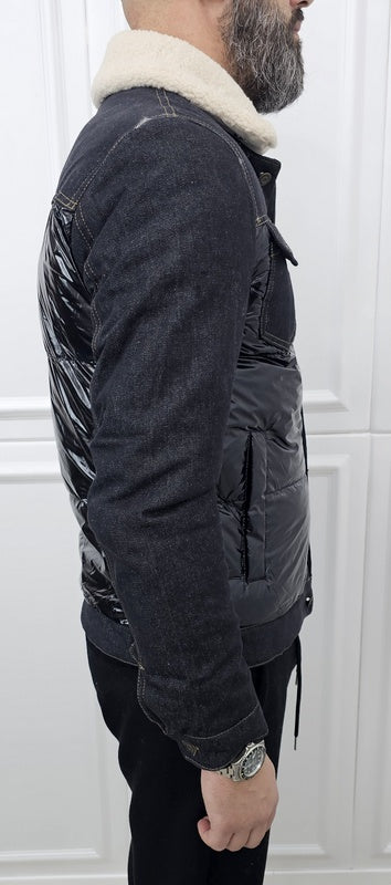 Giubbino Jeans uomo denim nero invernale impermeabile collo ecopelliccia