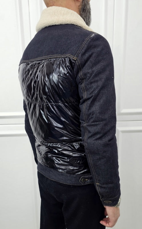 Giubbino Jeans uomo denim nero invernale impermeabile collo ecopelliccia