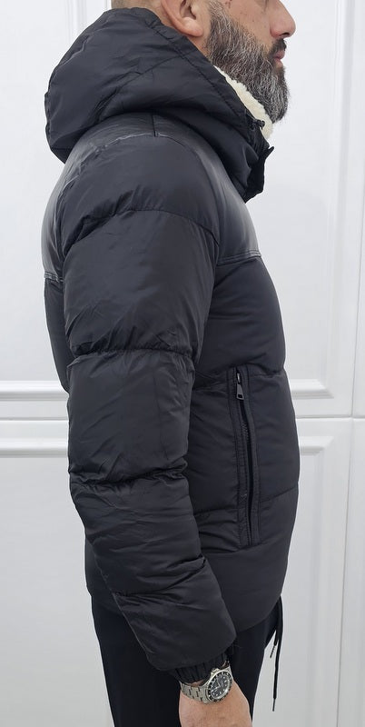 Giubbino uomo impermabile nero  cappuccio estraibile collo in eco pelliccia s,m,l,xl,xxl