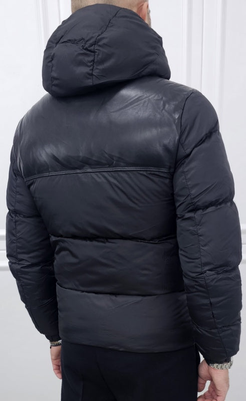 Giubbino uomo impermabile nero  cappuccio estraibile collo in eco pelliccia s,m,l,xl,xxl