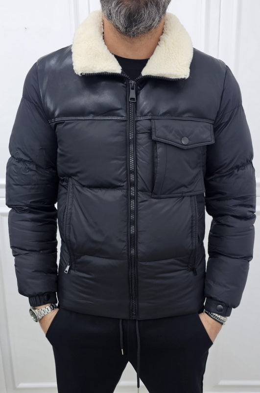 Giubbino uomo impermabile nero  cappuccio estraibile collo in eco pelliccia s,m,l,xl,xxl