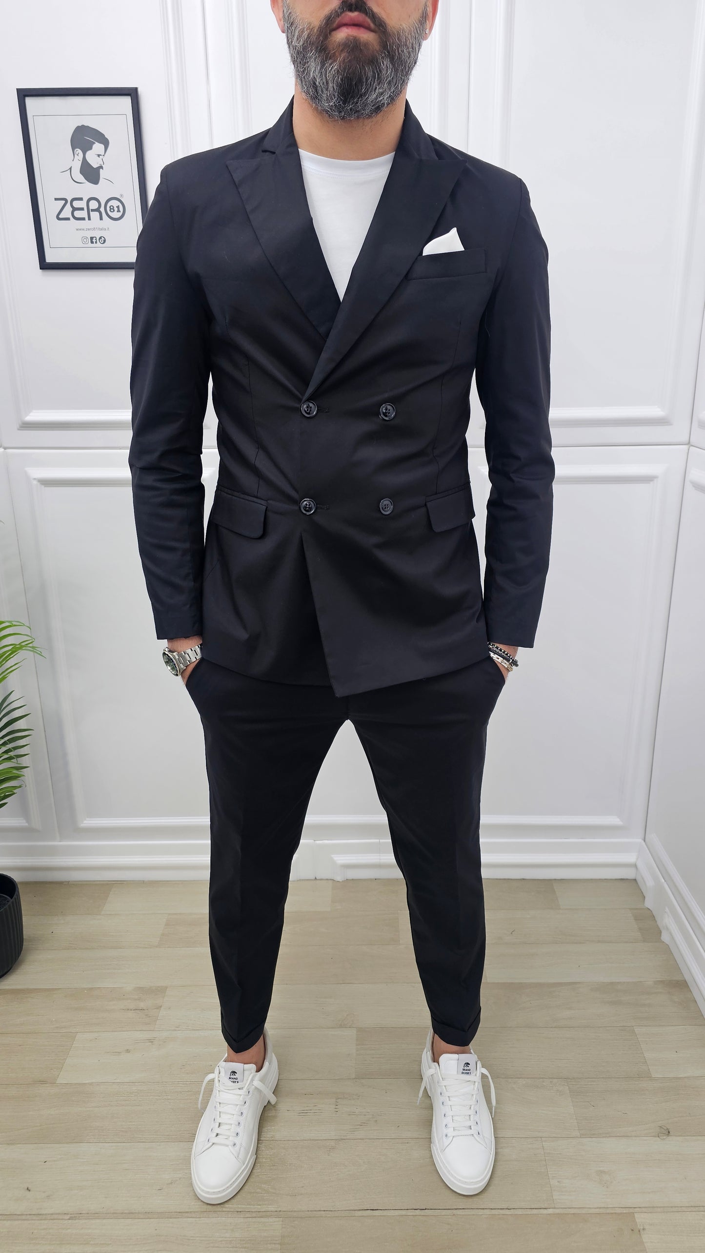 Abito uomo doppiopetto Tinta Unita Nero +T-shirt  made in italy  44,46,48,50,52,54