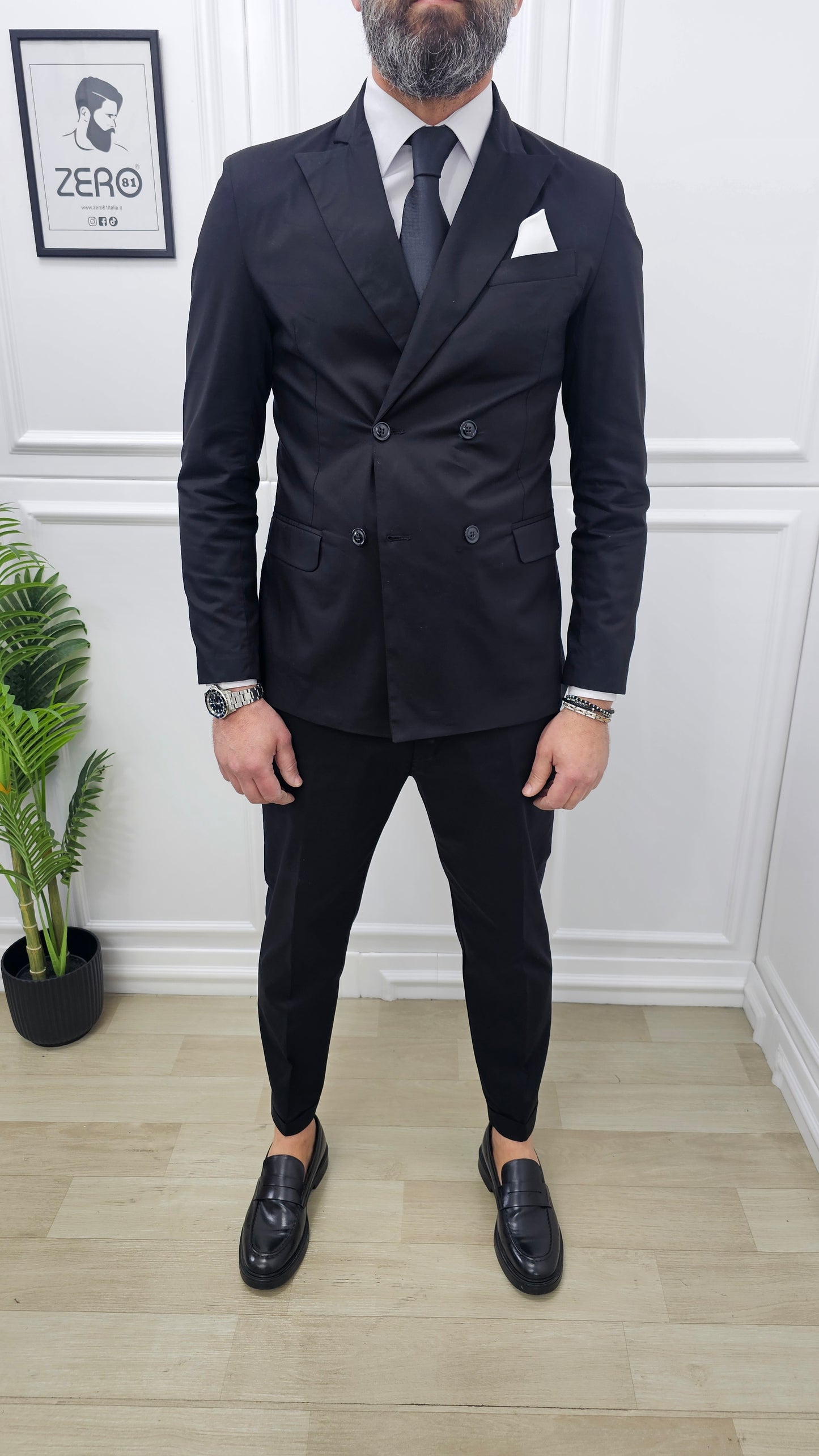 Abito uomo doppiopetto+camicia+cravatta Tinta Unita Nero made in italy  44,46,48,50,52,54