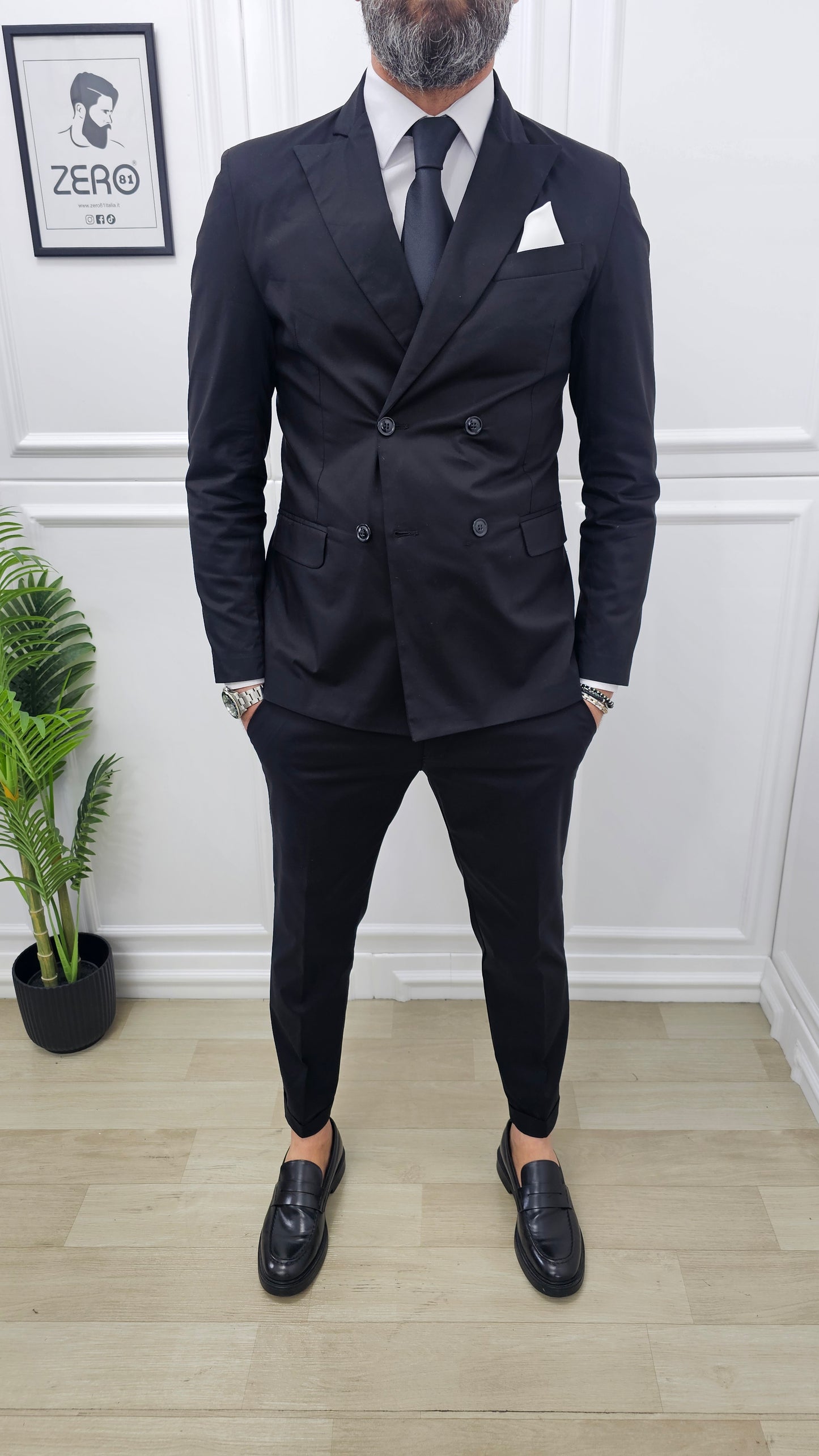 Abito uomo doppiopetto+camicia+cravatta Tinta Unita Nero made in italy  44,46,48,50,52,54