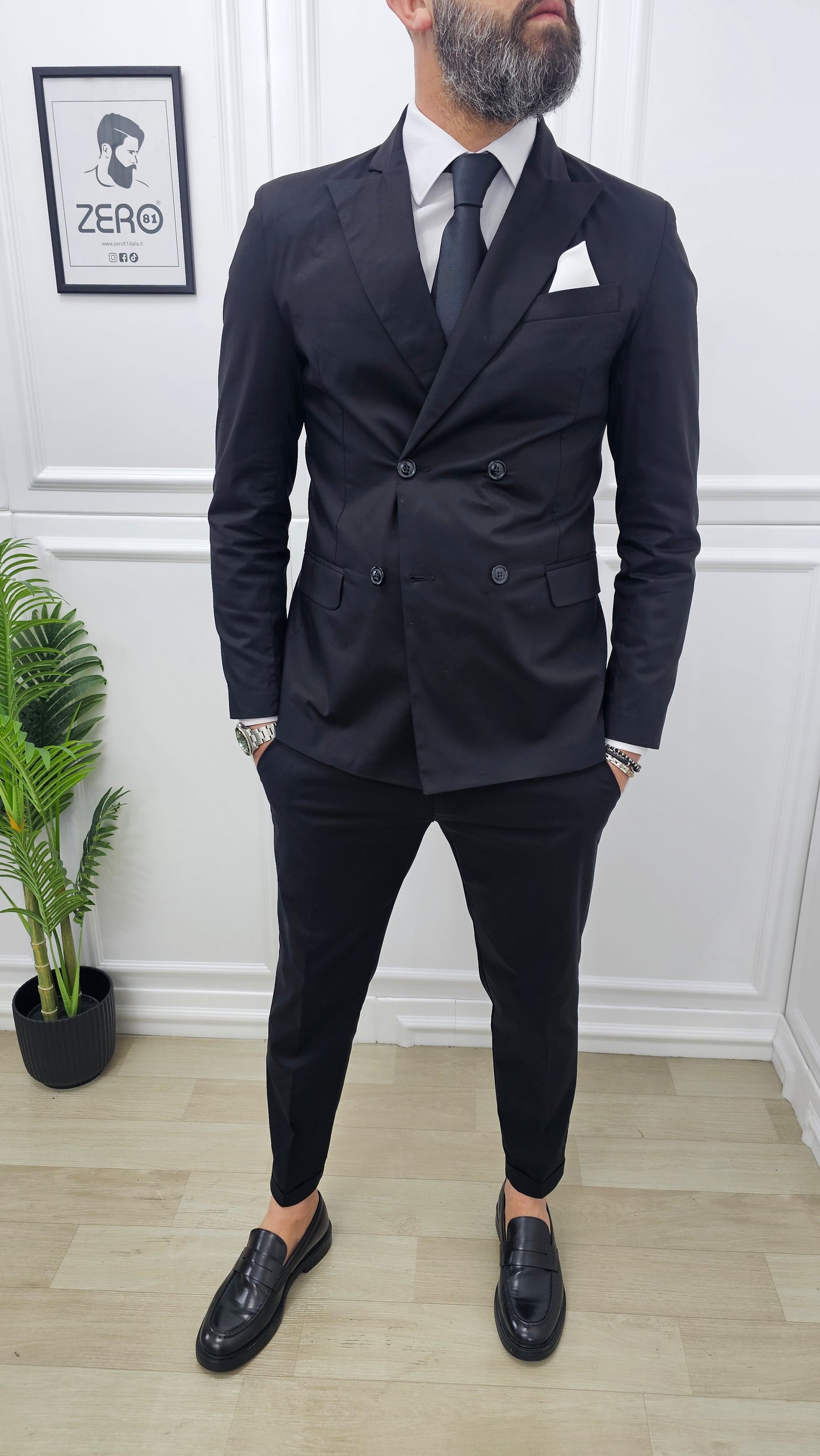 Abito uomo doppiopetto+camicia+cravatta Tinta Unita Nero made in italy  44,46,48,50,52,54