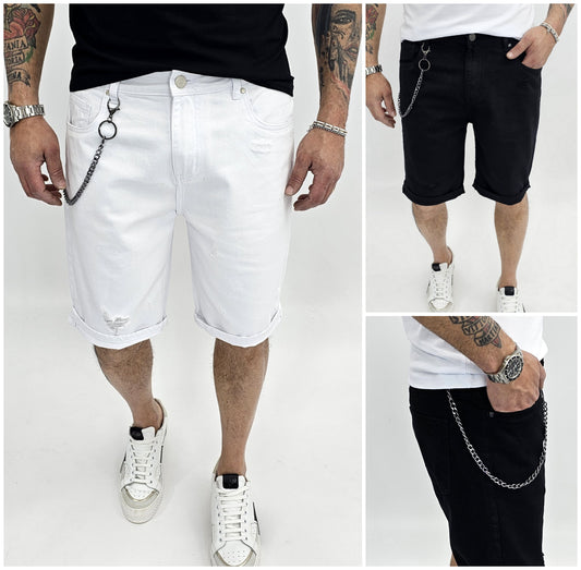 Pantaloncini Uomo Bermuda Jeans strappato Pantaloni Corti Cotone bianco/nero