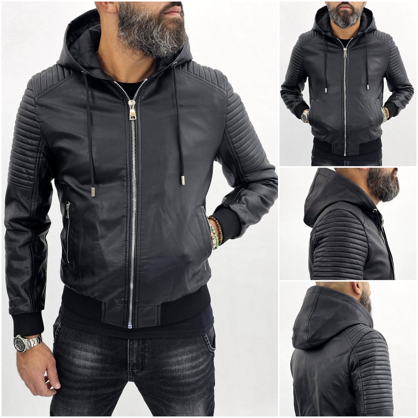 Giubbotto Uomo bomber Biker In Eco pelle Nero Cappuccio  s,ml,xl,xxl