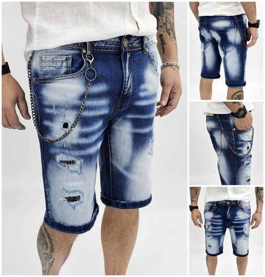 Pantaloncini Uomo Bermuda Jeans Catena toppe Pantaloni Corti Cotone Sfumato blu