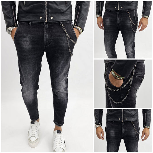 Jeans uomo slim fit tasche america skinny nero sfumato catena 44,46,48,50,52