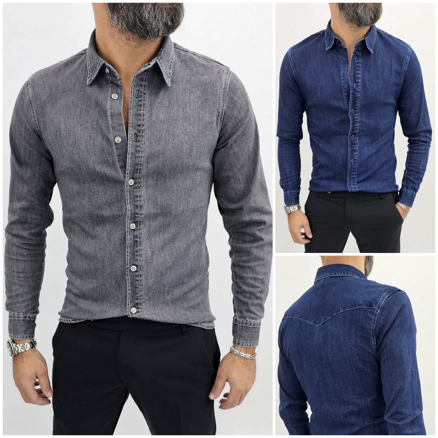 Camicia di effetto Jeans uomo Blu/nero cotone a manica Lunga slim elastica