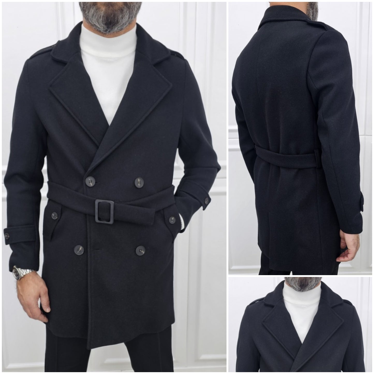 Trench uomo nero cintura invernale made in italy s,m,l,xl,xxl