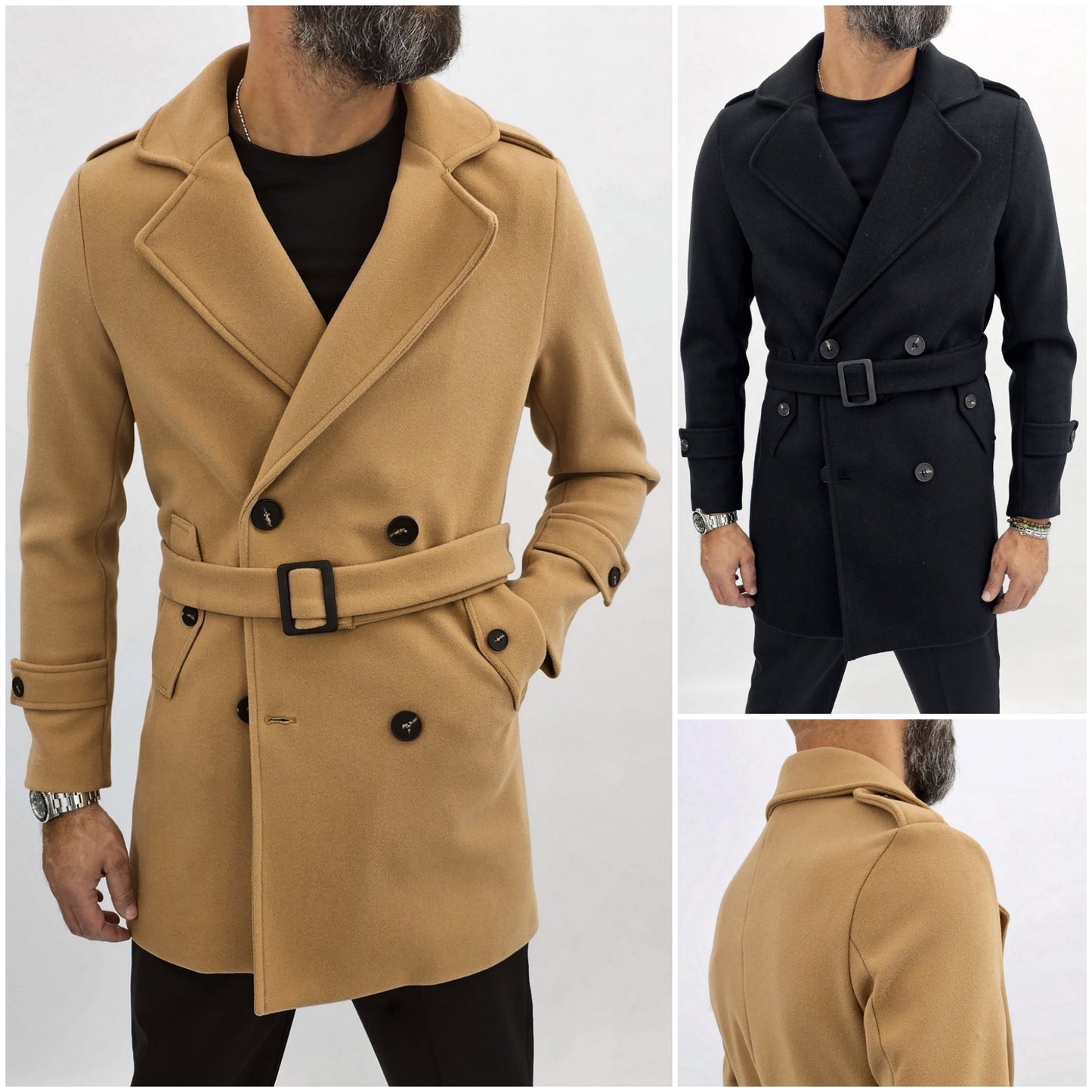 Trench uomo colore nero/camel cintura invernale made in italy s,m,l,xl,xxl