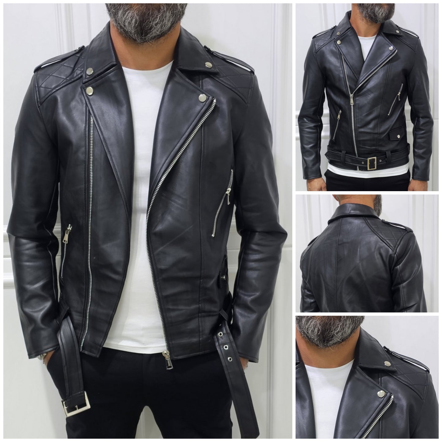 Giubbino Uomo Foderato Eco pelle Chiodo nero cintura s,m,l,xl,xxl