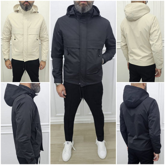 Giubbino a vento corto Cappuccio estraibile idrorepellente Nero/Crema m,l,xl,xxl,3xl
