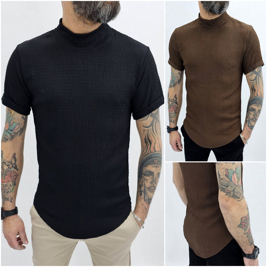Maglia uomo mezzo collo alto Camicia elastica t-shirt  nero/marrone