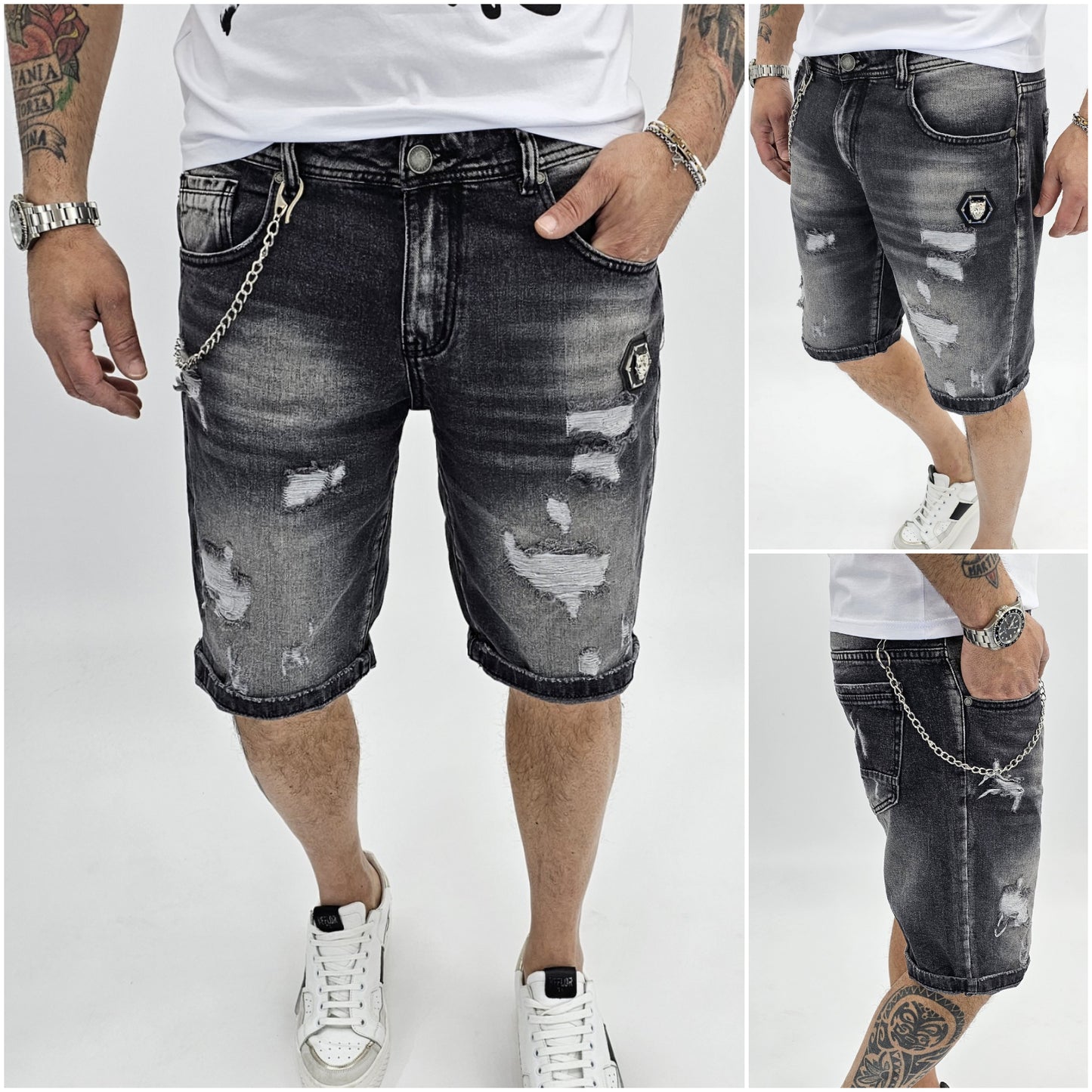 Bermuda Uomo Jeans nero sfumato Catena estraibile  strappi