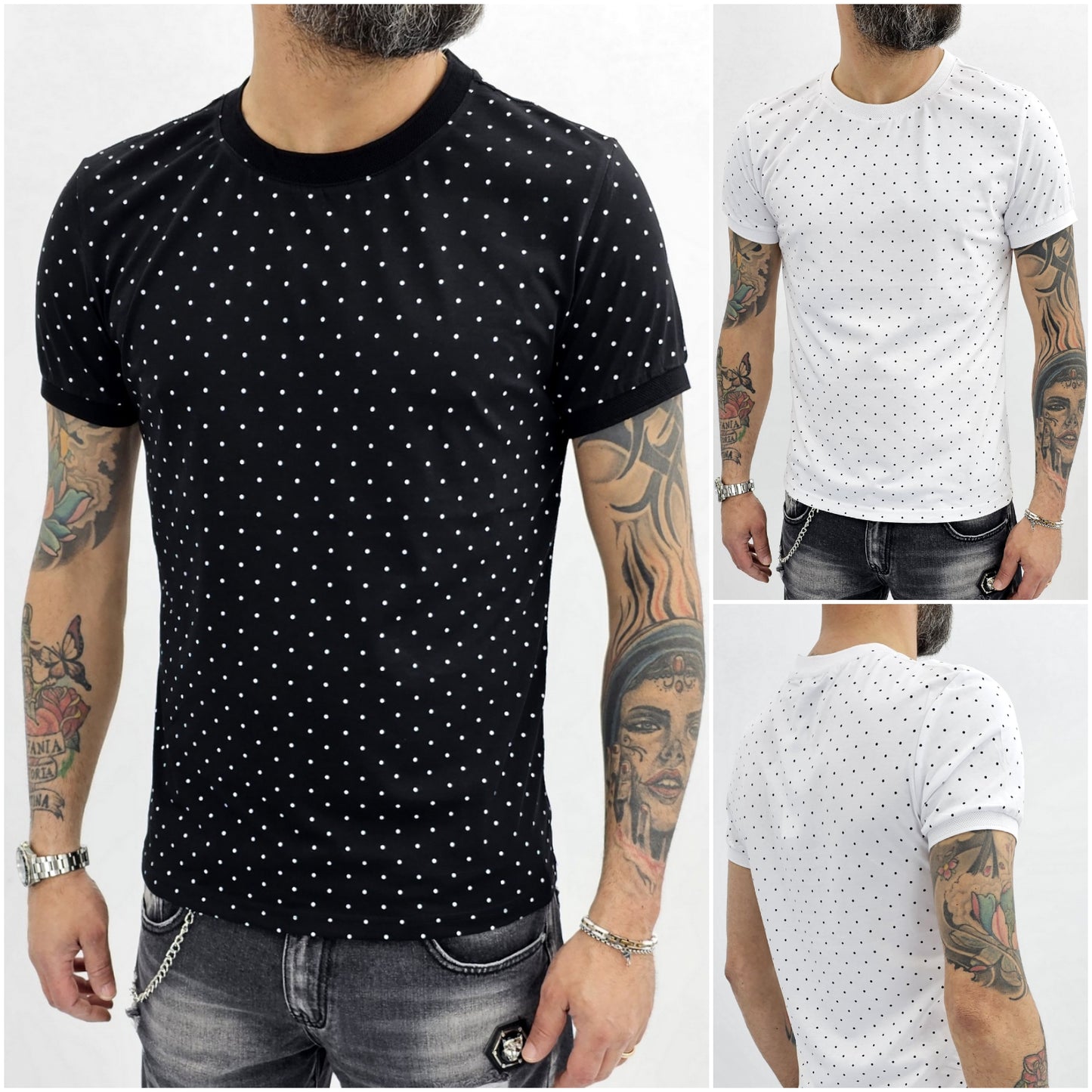 T-shirt uomo Maglia Manica fantasia pois Nero/bianco s,m,l,xl,xxl