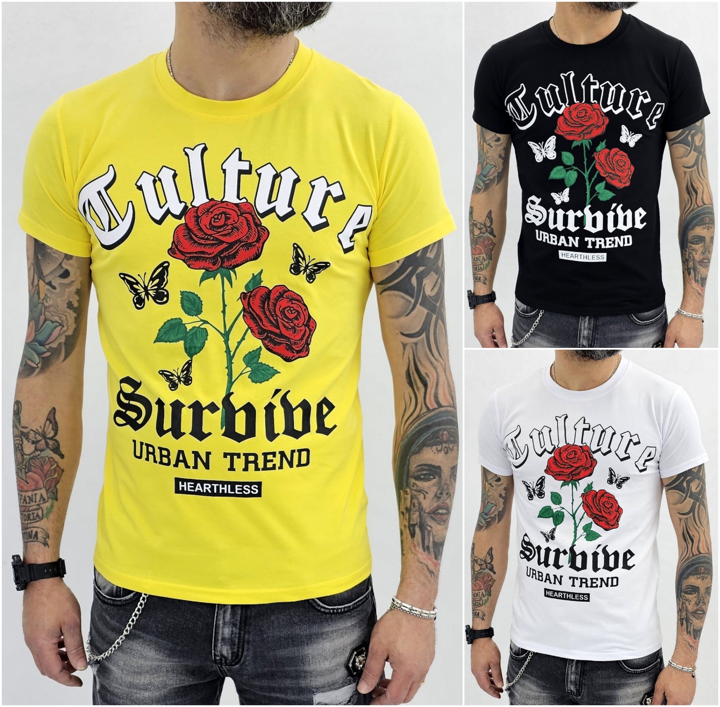 T-shirt uomo Maglia Manica stampa rose Nero/giallo/bianco s,m,l,xl