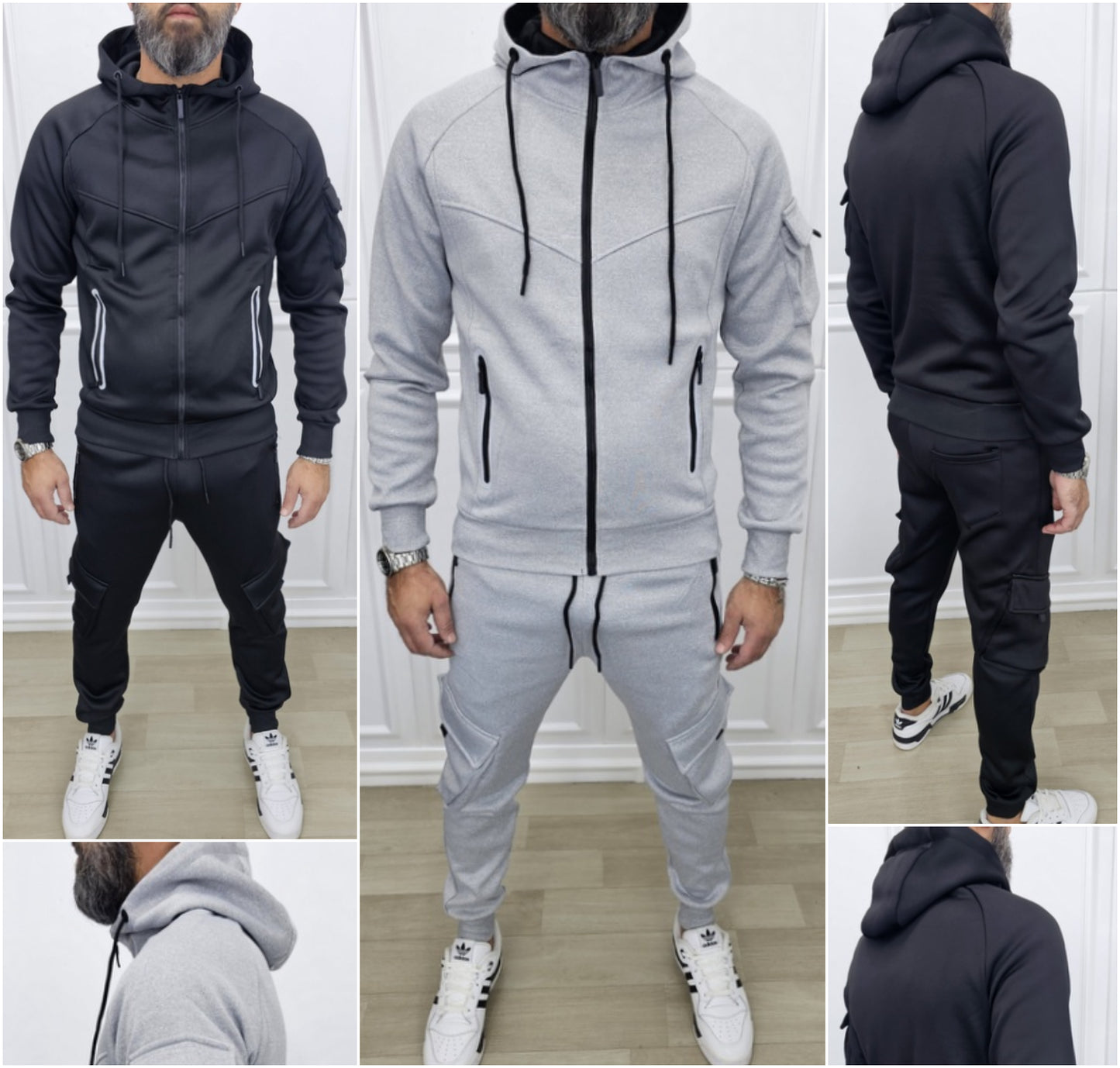 Tuta Tech catarifrangente cargo Cappuccio Completo felpata grigio,nero s,m,l,xl,xxl