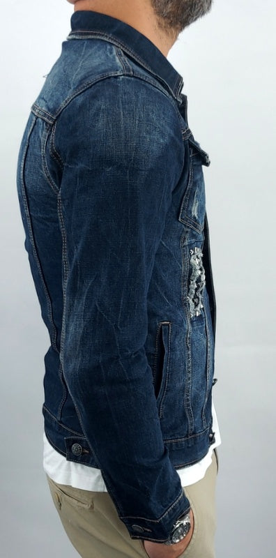 Giubbino jeans Denim Blu elastico Borchie Strappi s,m,l,xl,xxl