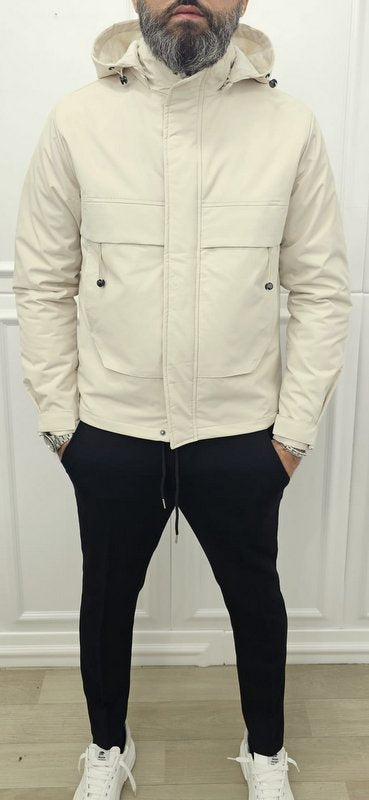 Giubbino a vento corto Cappuccio estraibile idrorepellente Nero/Crema m,l,xl,xxl,3xl