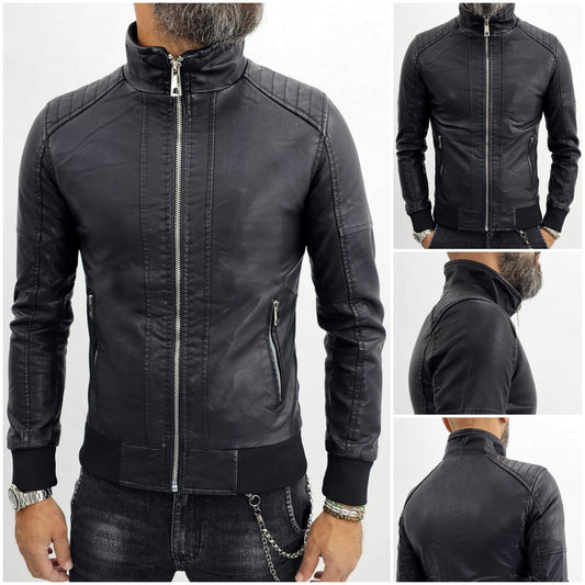 giubbino Uomo bomber biker collo alto ecopelle giacca corto nero slim