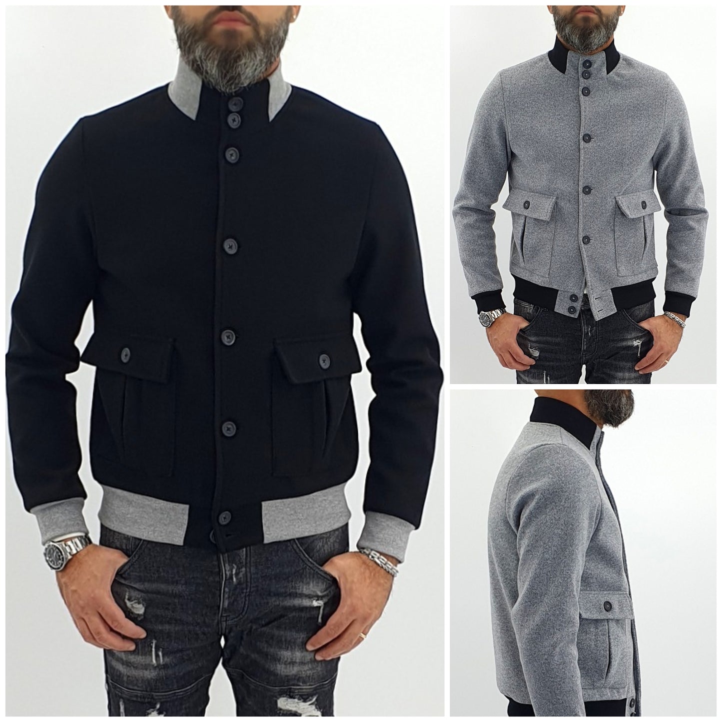 giubbino uomo corto bomber blouson collo alto grigio/nero s,m,l,xl,xxl