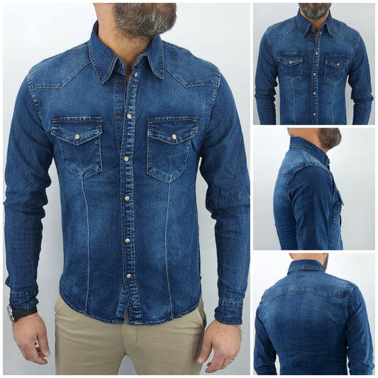 Camicia jeans Denim Blu elastica bottoni madreperla s,m,l,xl