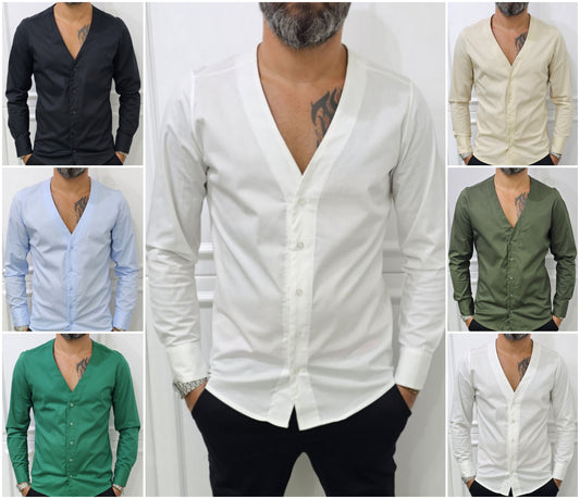 Camicia uomo Slim elastica cotone Scollo V Manica Lunga s,m,l,xl,xxl
