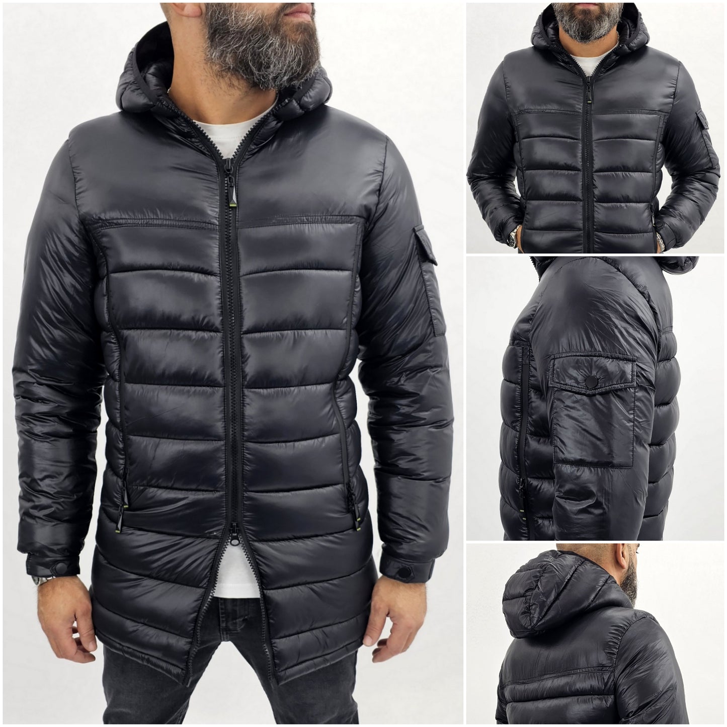 Giubbotto parka da uomo nero semi impermeabile lungo slim Cappuccio m,l,xl,xxl,3xl