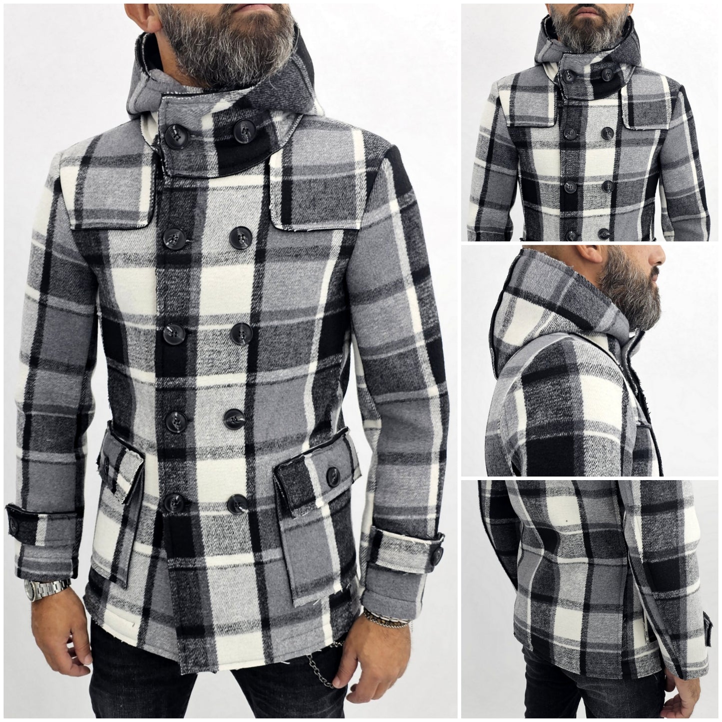 Cappotto Uomo Invernale Doppiopetto Cappuccio Quadri taglio vivo s,m,l,xl,xxl