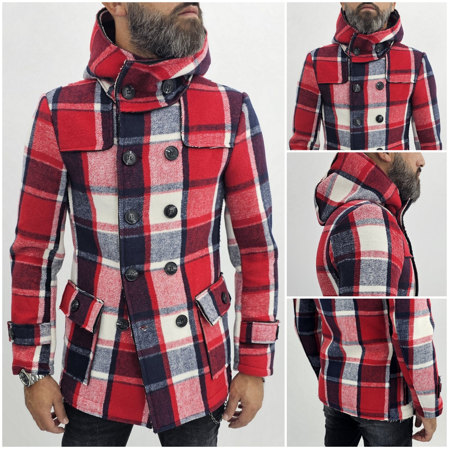 Cappotto Uomo Invernale Doppiopetto Cappuccio Quadri taglio vivo s,m,l,xl,xxl