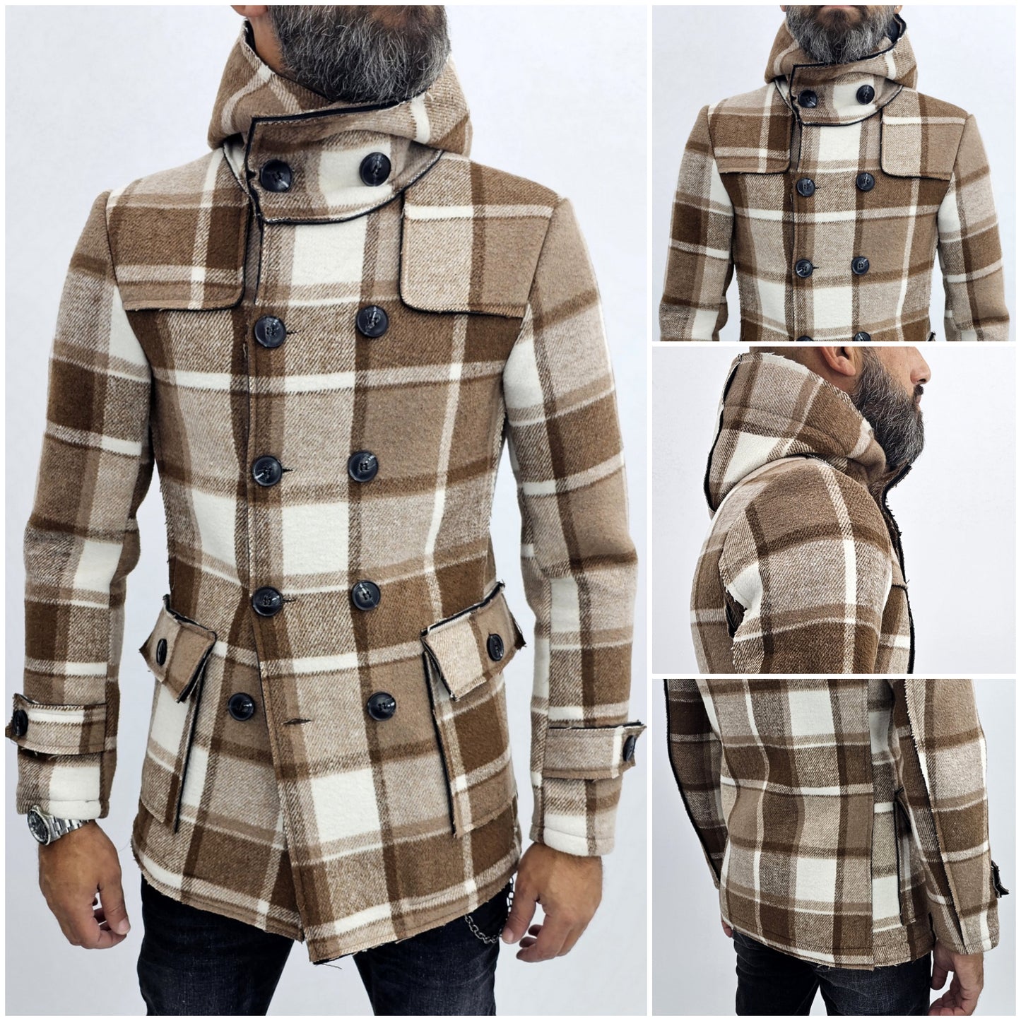 Cappotto Uomo Invernale Doppiopetto Cappuccio Quadri taglio vivo s,m,l,xl,xxl