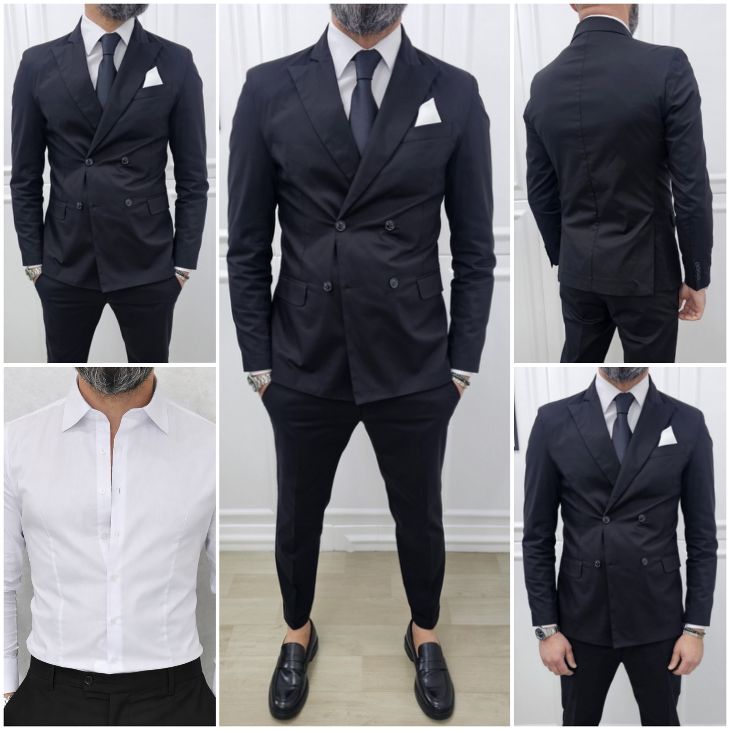 Abito uomo doppiopetto+camicia+cravatta Tinta Unita Nero made in italy  44,46,48,50,52,54