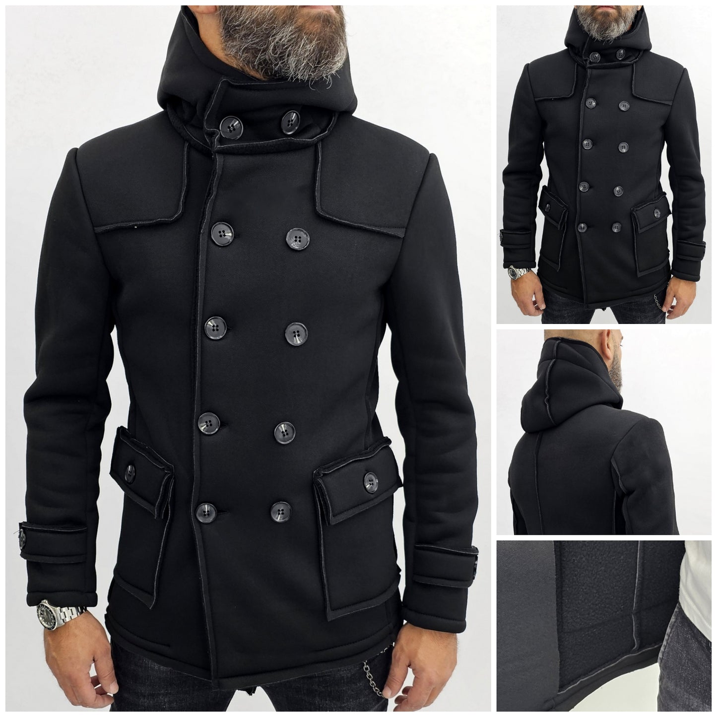 Cappotto Uomo Invernale Doppiopetto Nero Cappuccio termico slim s,m,l,xl,xxl