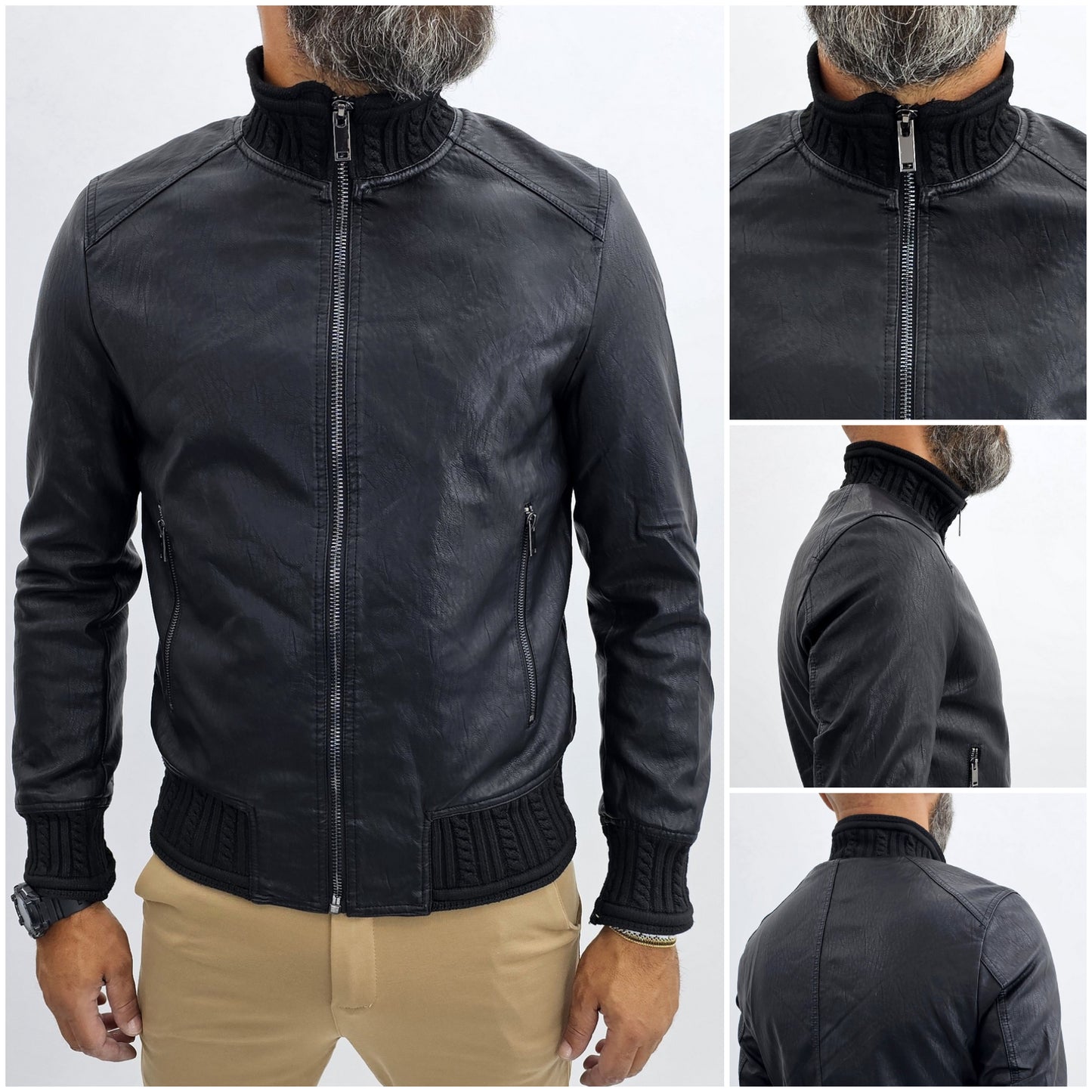 giubbino Uomo bomber collo alto treccia ecopelle giacca corto nero slim