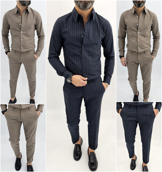 Completo uomo lino viscosa Camicia+pantalone gessato manica lunga s,m,l,xl,xxl