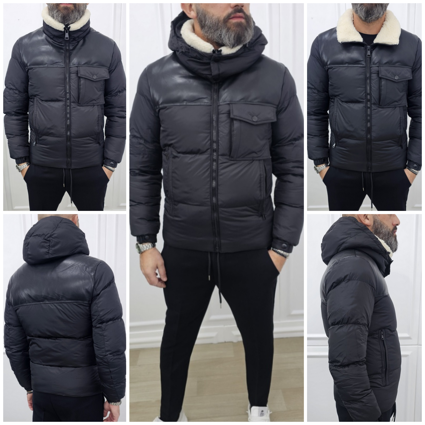 Giubbino uomo impermabile nero  cappuccio estraibile collo in eco pelliccia s,m,l,xl,xxl