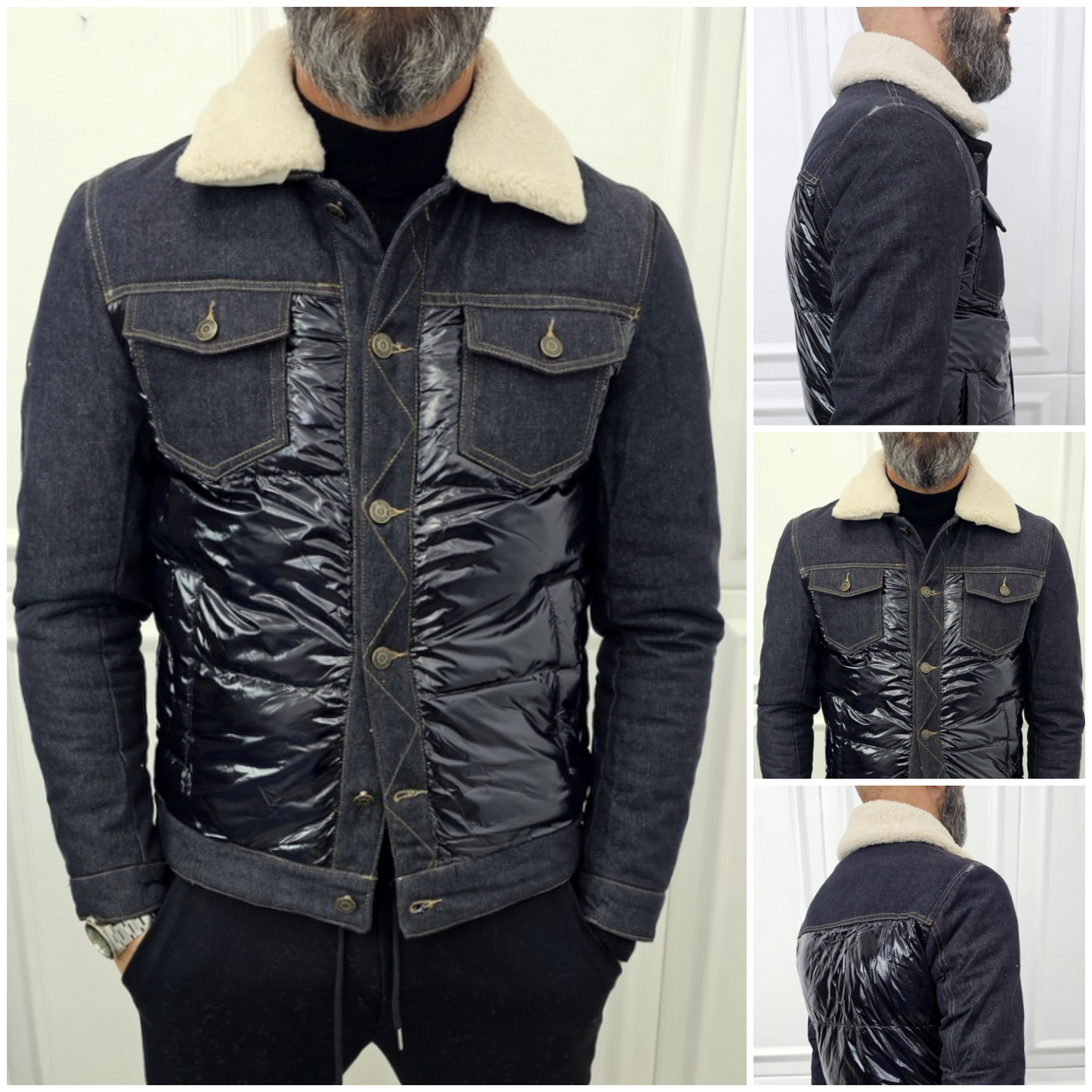 Giubbino Jeans uomo denim nero invernale impermeabile collo ecopelliccia