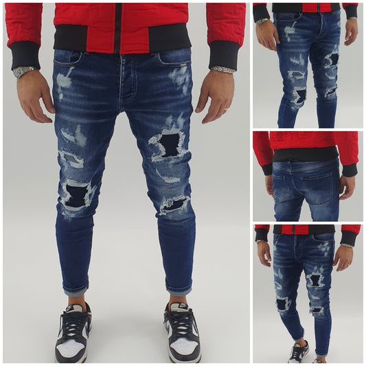 Jeans Denim Pantaloni Uomo Slim fit Elasticizzati Pittura Con Strappi Toppe Blu