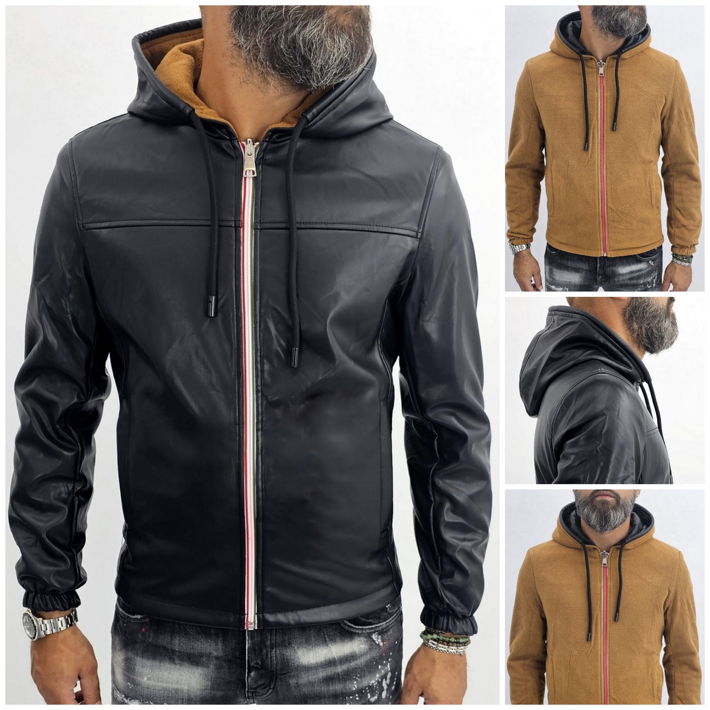 Giubbotto Uomo Giubbino double face Eco pelle Bomber Nero Cappuccio teddy Slim