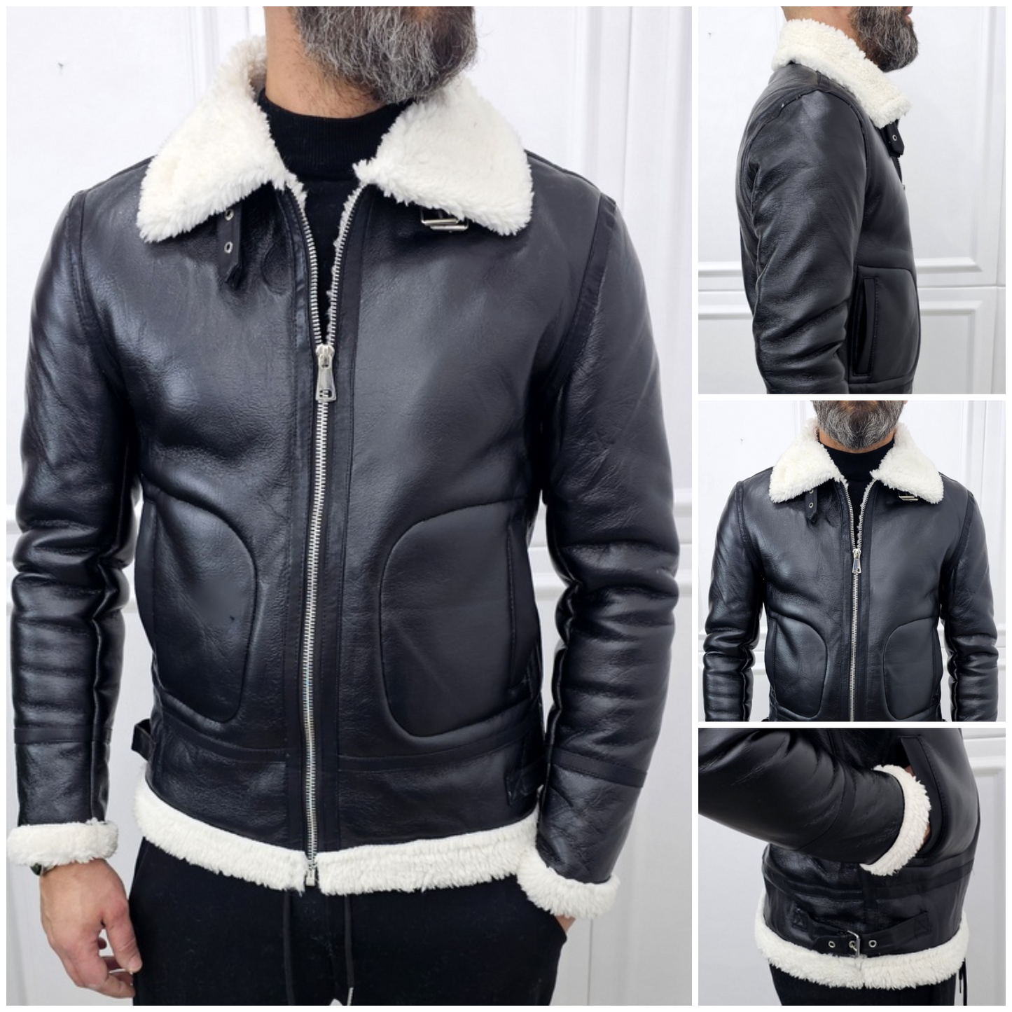 Montone Uomo Invernale ecopelle corto aviatore eco pelliccia Nero s,m,l,xl,xxl